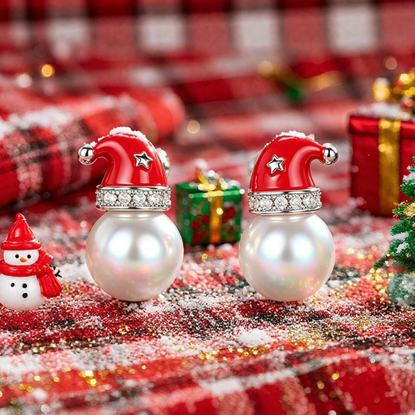Women's Christmas Hat Earrings With Imitation Pearls And Synthetic Cubic Zirconia Copper Geometric Festive Jewelry