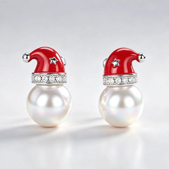 Women's Christmas Hat Earrings With Imitation Pearls And Synthetic Cubic Zirconia Copper Geometric Festive Jewelry