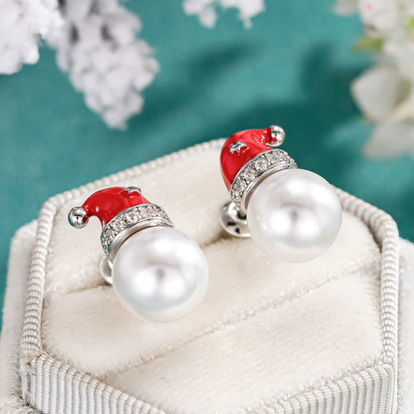 Women's Christmas Hat Earrings With Imitation Pearls And Synthetic Cubic Zirconia Copper Geometric Festive Jewelry