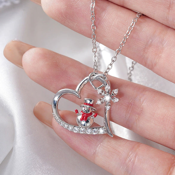 Women's Christmas Heart Snowflake Snowman Pendant Necklace With Copper Zirconia Inlay And Ochain Festive Jewelry
