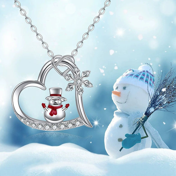 Women's Christmas Heart Snowflake Snowman Pendant Necklace With Copper Zirconia Inlay And Ochain Festive Jewelry