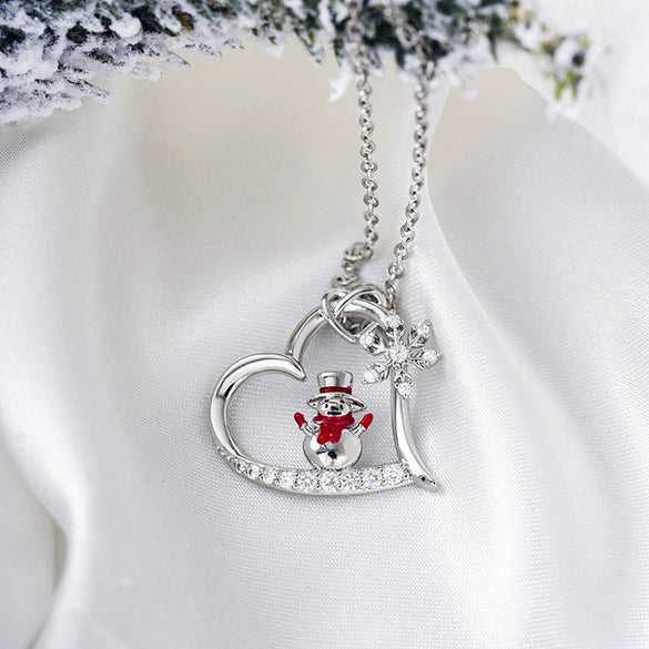 Women's Christmas Heart Snowflake Snowman Pendant Necklace With Copper Zirconia Inlay And Ochain Festive Jewelry