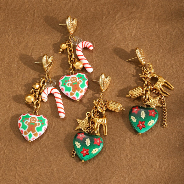 Women's Christmas Heartshaped Earrings In Stainless Steel With 18K Gold Plated Finish
