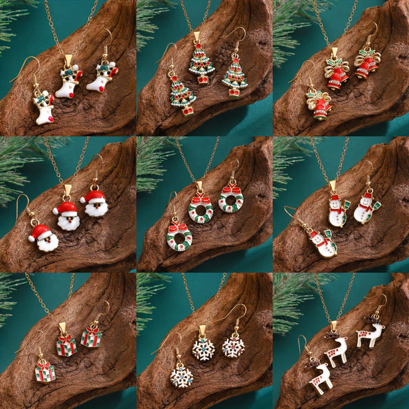 Women's Christmas Jewelry Set With Snowman Snowflake And Bell Pendants Electroplated Alloy Necklace And Earrings
