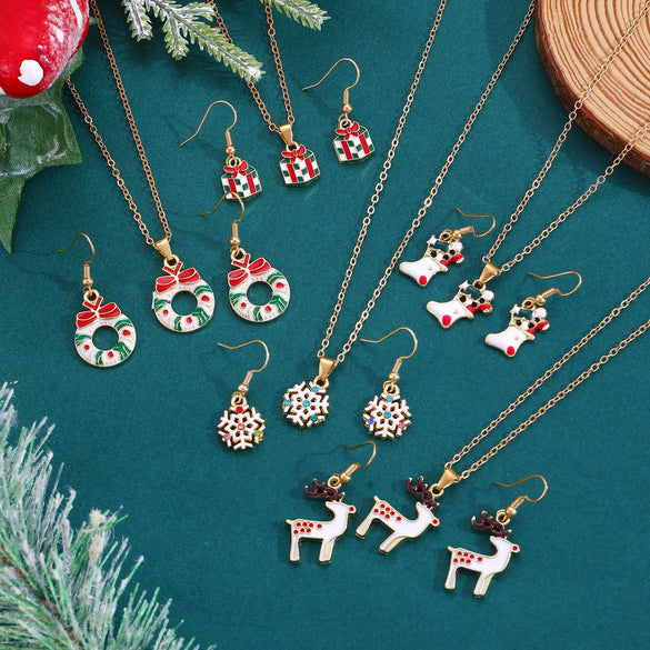 Women's Christmas Jewelry Set With Snowman Snowflake And Bell Pendants Electroplated Alloy Necklace And Earrings