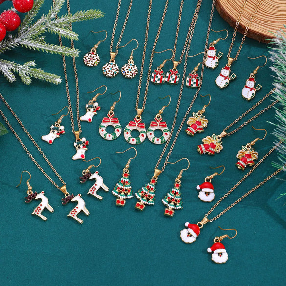 Women's Christmas Jewelry Set With Snowman Snowflake And Bell Pendants Electroplated Alloy Necklace And Earrings