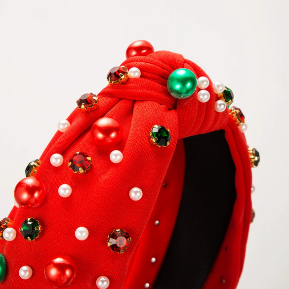Women's Christmas Pearl Inlaid Red Green Diamond Headband Simple All Match Trendy Hair Accessories