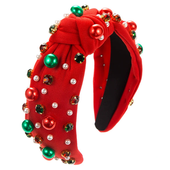 Women's Christmas Pearl Inlaid Red Green Diamond Headband Simple All Match Trendy Hair Accessories