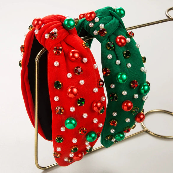 Women's Christmas Pearl Inlaid Red Green Diamond Headband Simple All Match Trendy Hair Accessories
