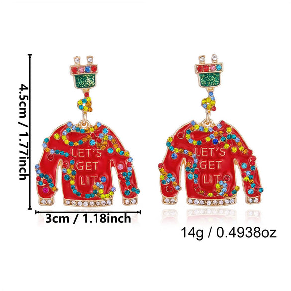 Women's Christmas Popcorn Light Bulb Drop Earrings With Red And Green Rhinestone Accents And Dripfinish Alloy Design