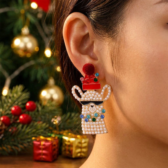Women's Christmas Popcorn Light Bulb Drop Earrings With Red And Green Rhinestone Accents And Dripfinish Alloy Design