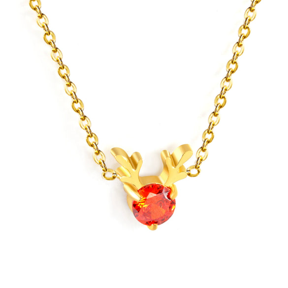 Women's Christmas Red Diamond Elk Pendant Necklace Electroplated Stainless Steel With A Round Geometric Design