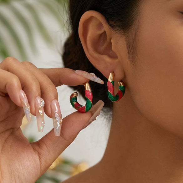 Women's Christmas Red Green And White Electroplated Alloy Twisted Spiral Cshaped Earrings For Festive Party Wear