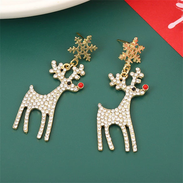Women's Christmas Rhinestone Snowflake Elk Drop Earrings Electroplated Cartoon Animal Jewelry Wholesale