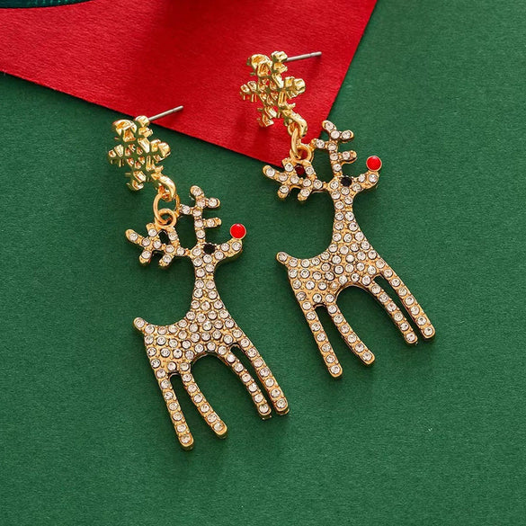 Women's Christmas Rhinestone Snowflake Elk Drop Earrings Electroplated Cartoon Animal Jewelry Wholesale