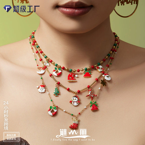 Women's Christmas Seed Bead Chain Necklace With Santa Claus Snowflake And Reindeer Pendants Electroplated Titanium Steel Geometric Design