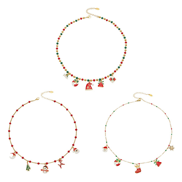 Women's Christmas Seed Bead Chain Necklace With Santa Claus Snowflake And Reindeer Pendants Electroplated Titanium Steel Geometric Design
