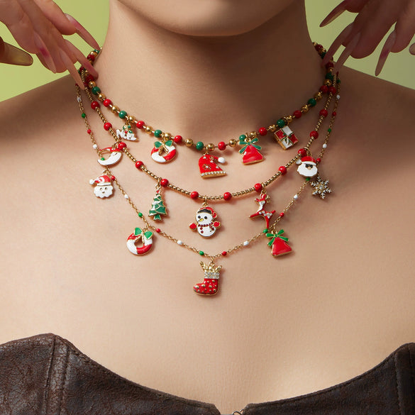 Women's Christmas Seed Bead Chain Necklace With Santa Claus Snowflake And Reindeer Pendants Electroplated Titanium Steel Geometric Design