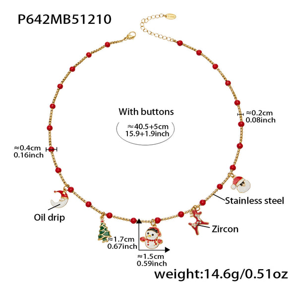 Women's Christmas Seed Bead Chain Necklace With Santa Claus Snowflake And Reindeer Pendants Electroplated Titanium Steel Geometric Design