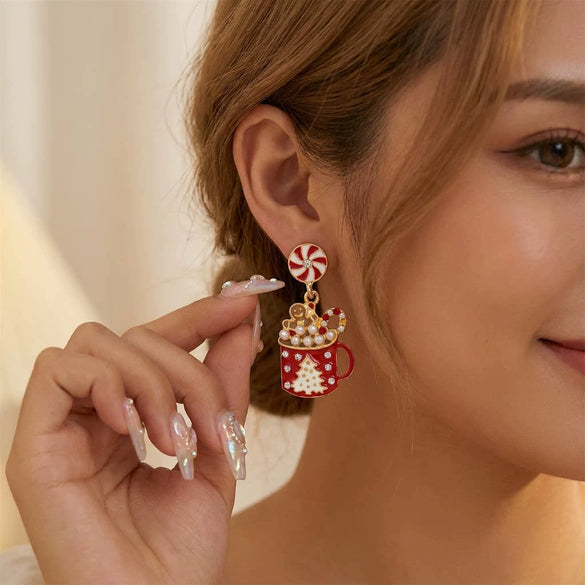 Women's Christmas Sleigh Drop Earrings Electroplated Alloy With Red And Green Contrast Ball Details And Stainless Steel Ear Posts