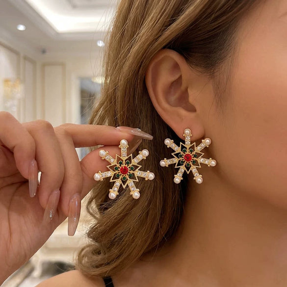 Women's Christmas Snowflake Drop Earrings With Diamond Accents Alloy Electroplated Retro Holiday Jewelry