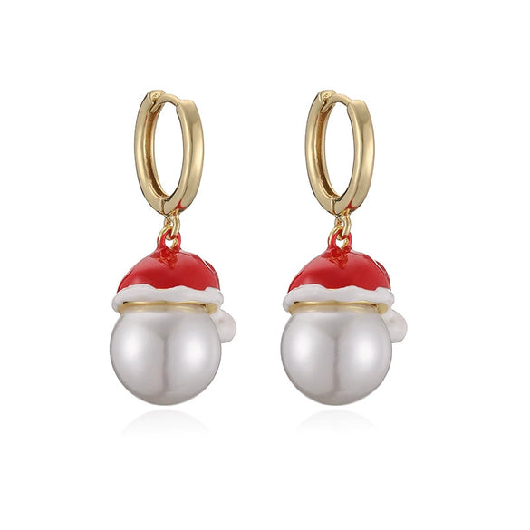 Women's Christmas Snowman Hat Earrings With Zircon And Pearl Geometric Inlay Sweet Festive Copper Ear Hoops