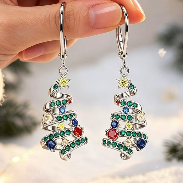Women's Christmas Spiral Tree Earrings With Colorful Sparkling Cubic Zirconia Copper Star And Wave Design Festive Jewelry Accessories