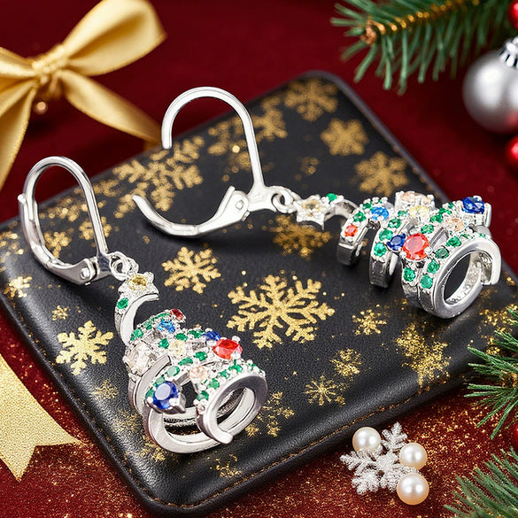 Women's Christmas Spiral Tree Earrings With Colorful Sparkling Cubic Zirconia Copper Star And Wave Design Festive Jewelry Accessories