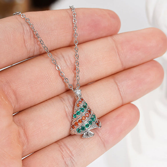 Women's Christmas Star And Leaf Pendant Necklace With Zirconia Inlay Copper Geometric Design And Oshaped Chain
