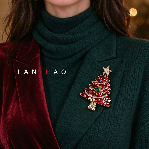 Women's Christmas Tree Brooch With Enamel Glaze And Rhinestone Embellishments Dripping Glaze Alloy Pin For Coats And Suits