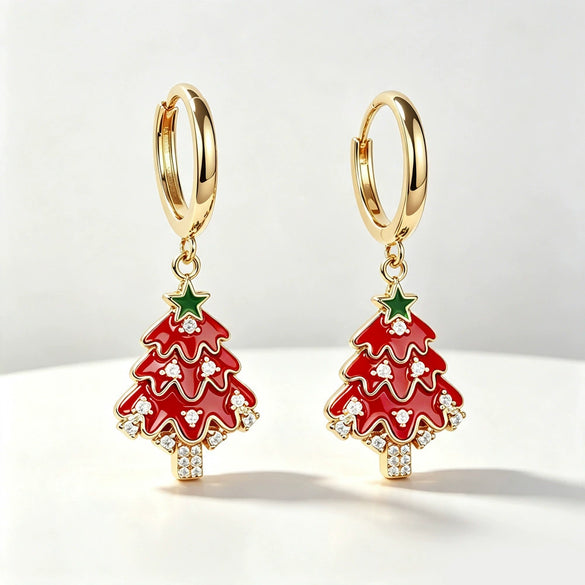 Women's Christmas Tree Earrings Copper Star And Leaf Pattern Jewelry With Sweet Festive Holiday Design