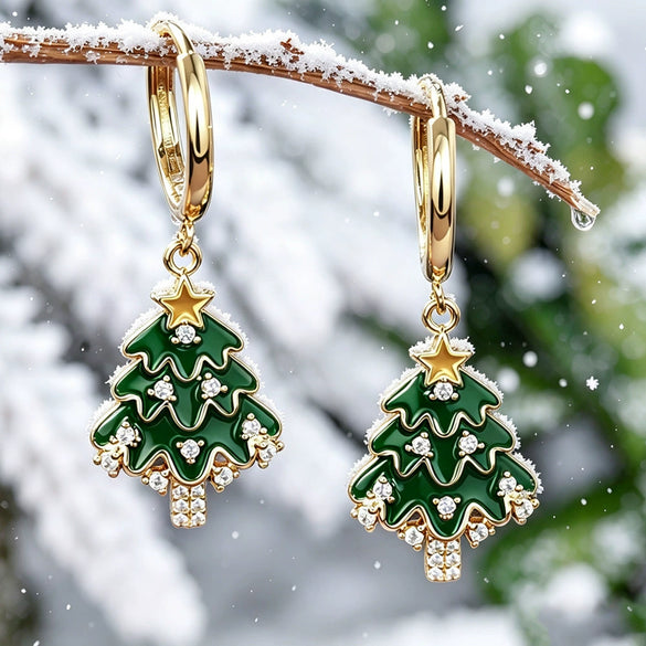 Women's Christmas Tree Earrings Copper Star And Leaf Pattern Jewelry With Sweet Festive Holiday Design