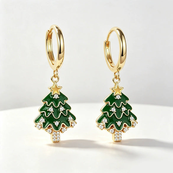 Women's Christmas Tree Earrings Copper Star And Leaf Pattern Jewelry With Sweet Festive Holiday Design