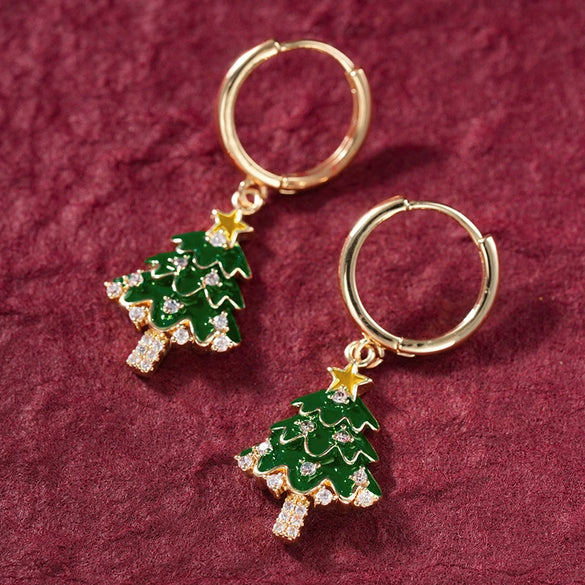 Women's Christmas Tree Earrings Copper Star And Leaf Pattern Jewelry With Sweet Festive Holiday Design
