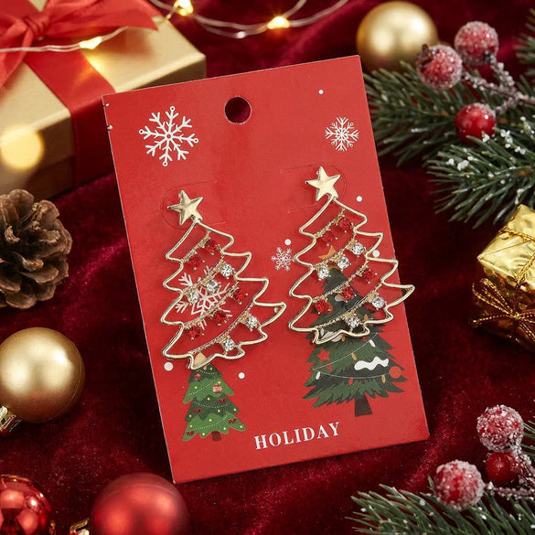 Women's Christmas Tree Earrings Hollowout Alloy Design With Sparkling Rhinestone Details Electroplated Finish And Stainless Steel Ear Needles