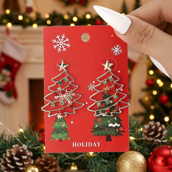 Women's Christmas Tree Earrings Hollowout Alloy Design With Sparkling Rhinestone Details Electroplated Finish And Stainless Steel Ear Needles