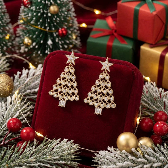 Women's Christmas Tree Earrings With Sparkling Rhinestones Electroplated Alloy Holiday Jewelry With Stainless Steel Ear Posts
