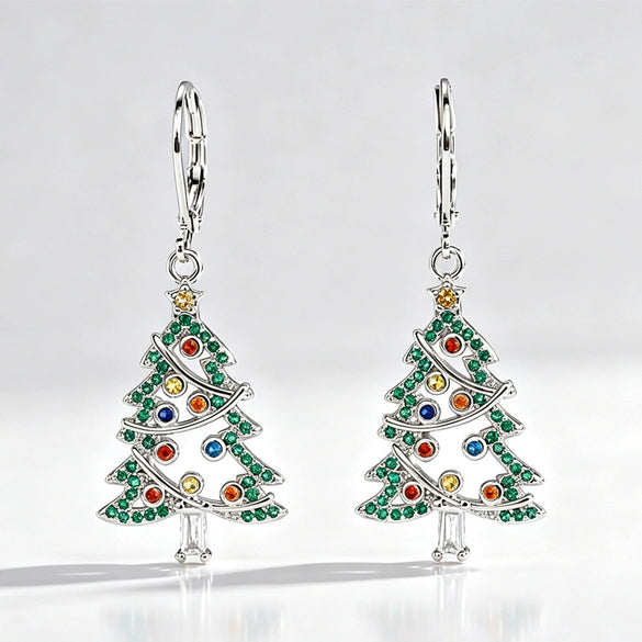 Women's Christmas Tree Earrings With Waxinlaid Cubic Zirconia And Colorful Gemstones Copper Starshaped Holiday Jewelry
