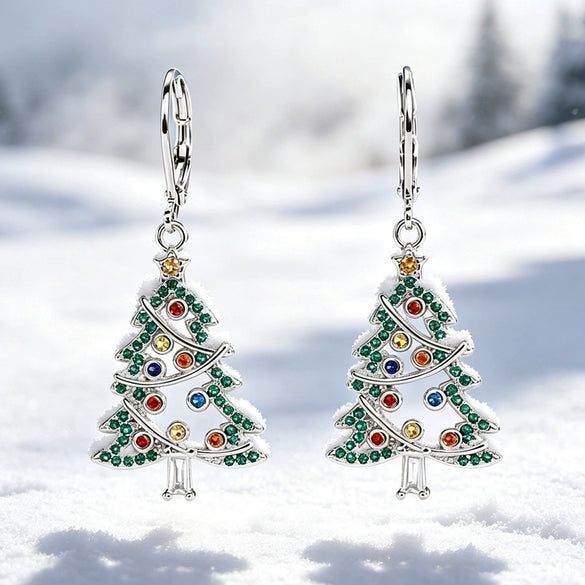 Women's Christmas Tree Earrings With Waxinlaid Cubic Zirconia And Colorful Gemstones Copper Starshaped Holiday Jewelry