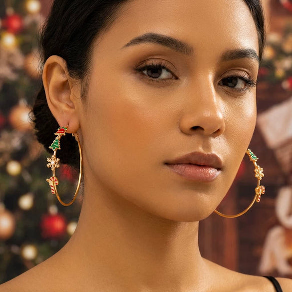 Women's Christmas Tree Snowflake Hoop Earrings Alloy Electroplated Holiday Jewelry With Stainless Steel Ear Posts