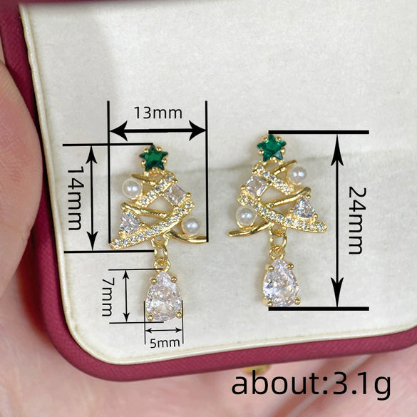 Women's Christmas Tree Water Drop Pendant Earrings With Zircon Accents Geometric Copper Holiday Jewelry