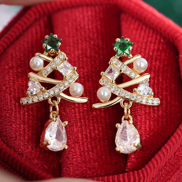 Women's Christmas Tree Water Drop Pendant Earrings With Zircon Accents Geometric Copper Holiday Jewelry