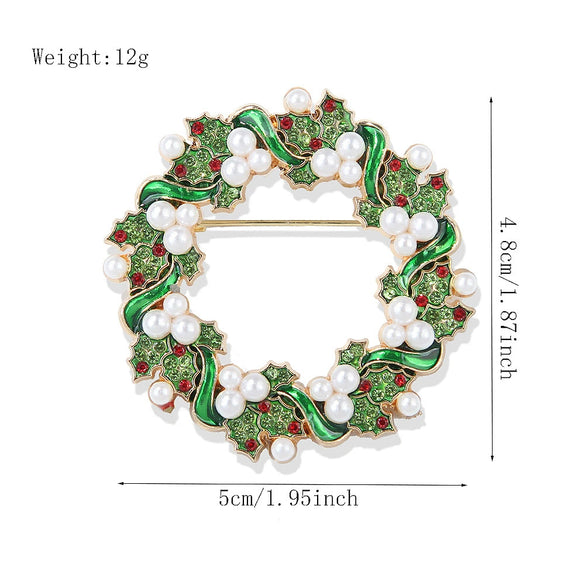 Women's Christmas Wreath Flower Brooch With Rhinestone Accents Zinc Alloy Festive Gift Jewelry Accessory