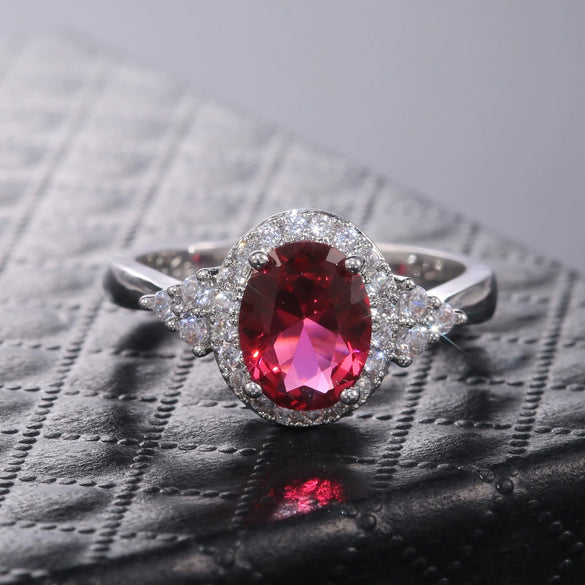 Women's Classic Elegant Red Gemstone Ring Copper With Geometric Micropaved Zircon