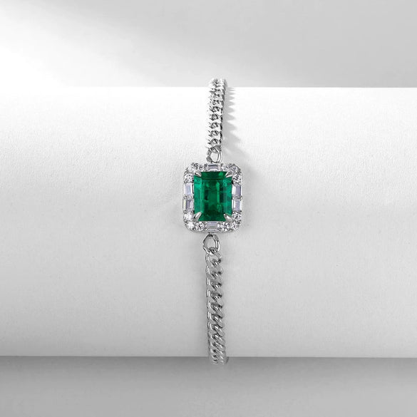 Women's Classic Geometric Cultivated Emerald S925 Silver Chain Bracelet Set With Diamonds