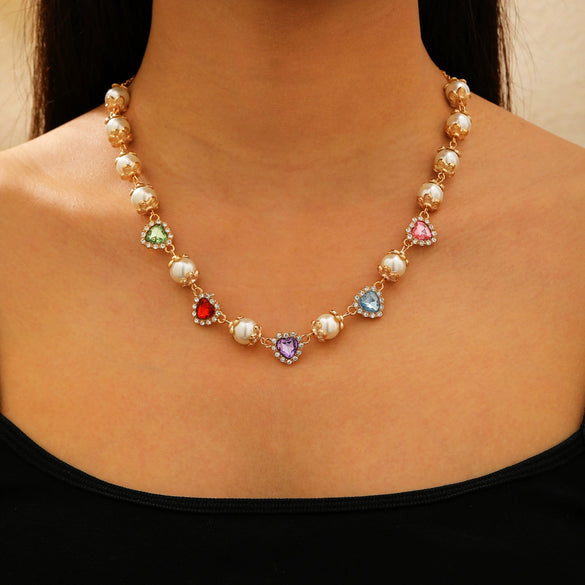 Women's Clavicle Chain Jewelry Stacked With Pearl Flower Inlaid Zircon And Colored Gemstone Zinc Alloy Geometric Style
