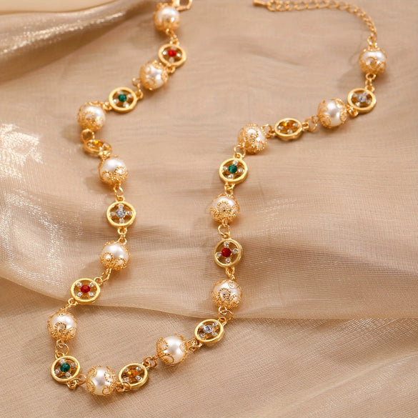 Women's Clavicle Chain Jewelry Stacked With Pearl Flower Inlaid Zircon And Colored Gemstone Zinc Alloy Geometric Style