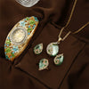 Women's Cloisonne Alloy Jewelry Set With Elegant Flowers And Oval Dial Retro Style Watch