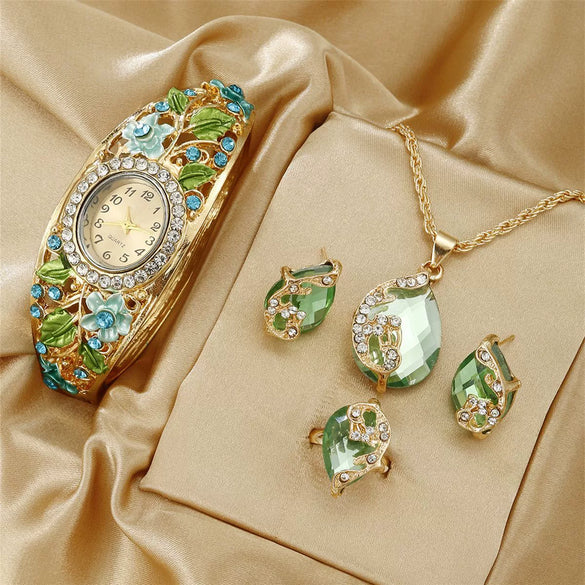 Women's Cloisonne Alloy Jewelry Set With Elegant Flowers And Oval Dial Retro Style Watch