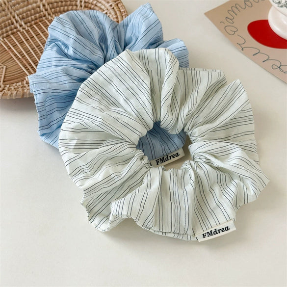Women's Cloth Handmade Blue And White Striped Scrunchie Hair Accessory For Bun And Ponytail